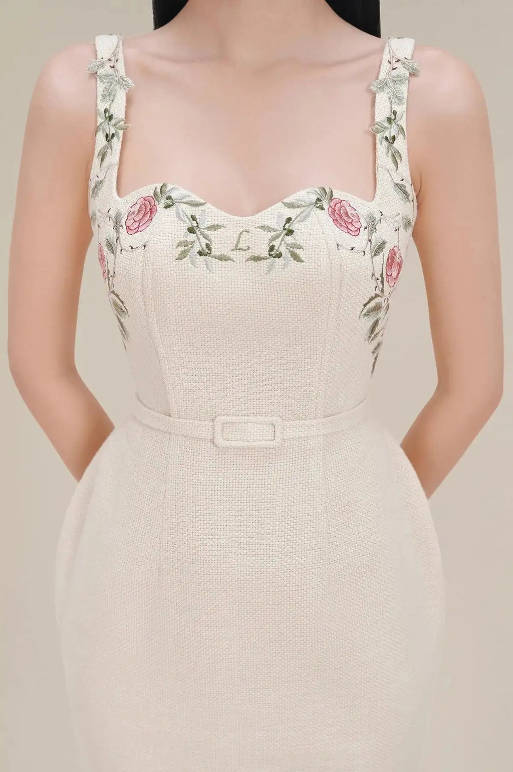 Runway Autumu Spaghetti Strap Bodycon Long Dress Sexy Women's Square Collar Embroidery Flower Sleeveless Tank Party Belt Dresses