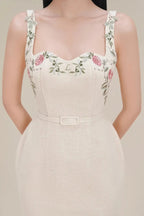 Runway Autumu Spaghetti Strap Bodycon Long Dress Sexy Women's Square Collar Embroidery Flower Sleeveless Tank Party Belt Dresses