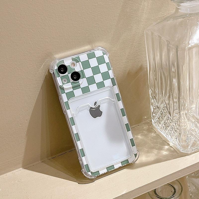 Glamorous Phone Case Shiny Transparent Card Holder Slim Soft Silicone Shockproof Case For iPhone 14 13 11 12 Pro Max 7 8 Plus Cute Green Checkerboard Clear Cover For iPhone X XR XS Shockproof Card Holder Phone Case Stevvex