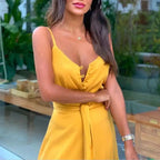 Elegant and Sexy Summer Women's V-neck Beach Dress with High Waist Waist Waist Waist Belt and Sling Long Dress for Party