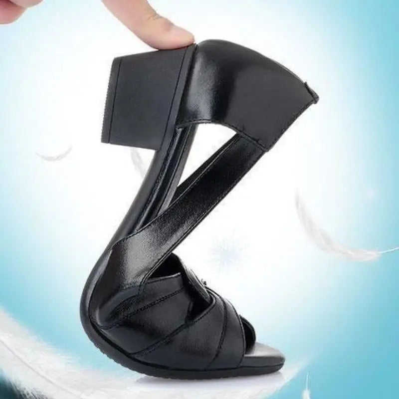Black Peep Toe Mid Heel Sandals Women's Pumps Square Heel Soft Sole Leather Work Shoes Simple Casual Summer Hollow Out Lootquake LLC