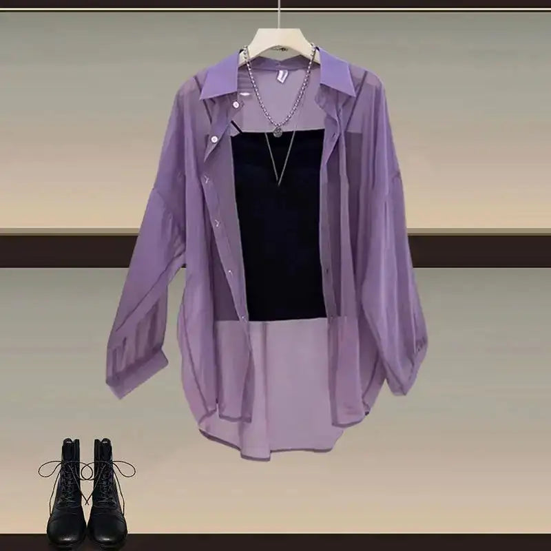 Summer Set Women's 2024 New Style Wear Sunscreen Chiffon Shirt with Slimming Slimming Suit Pants Three Piece Set