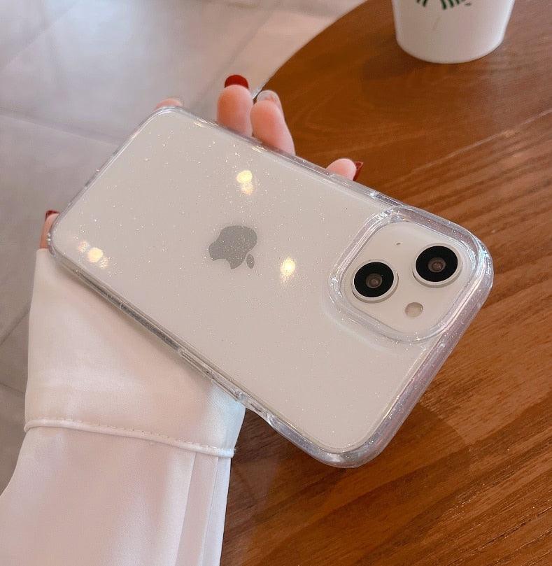 Luxury Glitter Bumper Clear Case for IPhone 14 13 12 11 Pro Max Mini X XS Max XR Cute Shining Shockproof Silicone Cover Hard Back Shockproof Protective Phone Cover For iPhone Stevvex