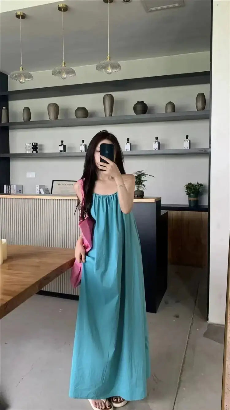 Summer Vacation Dress Thailand Style Open-back Halter Neck Age-reducing Photography Beach Long Dress Belted