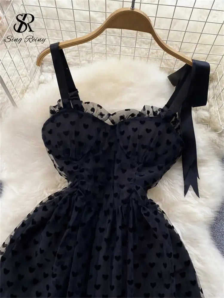 SINGREINY High Quality A Line Mesh Long Dress Spaghetti Strap Sleeveless Sheath Sundress 2023 Women Fashion Dot Print Maxi Dress