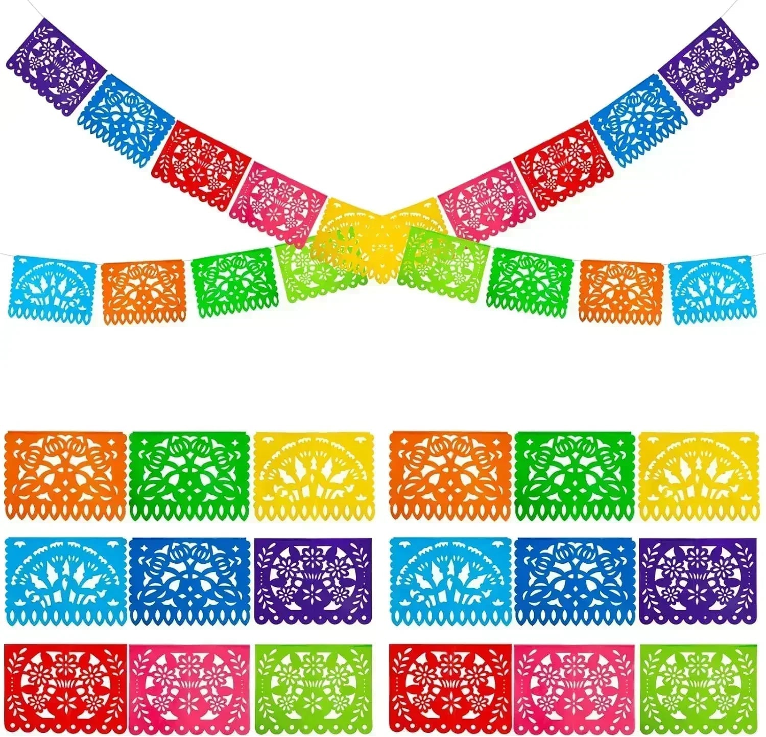 4 PCS Mexican Party Banners,  Plastic Papel Picado Mexico Decor, Easter Decor, ,  Day of The Dead Decoration, 18 Feet Total  ﻿ Lootquake LLC