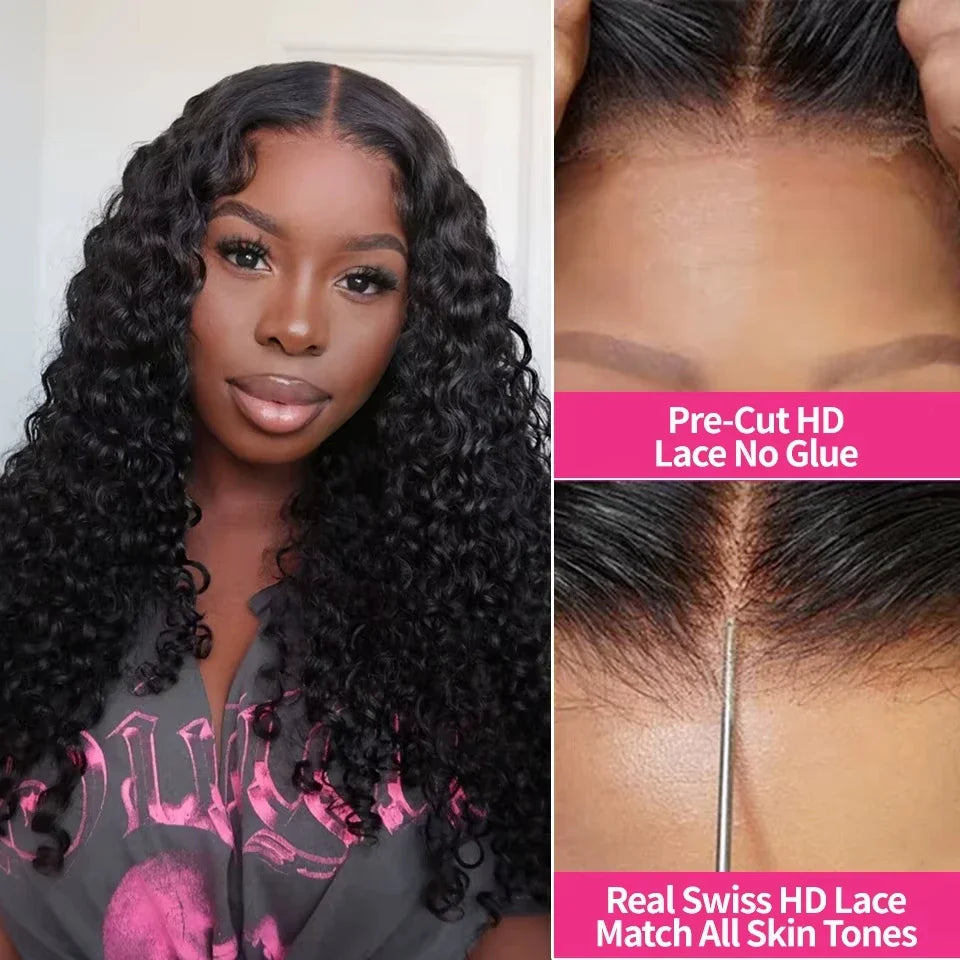 Curly 4x4 5x5 Glueless Lace Front Wig 220 Density Natural Color Deep Wave Pre Cut Brazilian Human Hair HD Lace wigs Water Wave