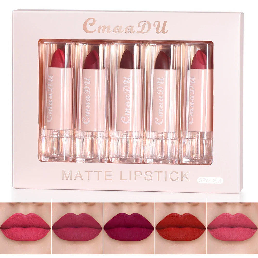 5 Pcs  Matte Lipstick Sets Lip Gloss Moisturizing Long-lasting Easy Makeup Fashion Classic Shades For Daily Date Exquisite Gift Lootquake LLC