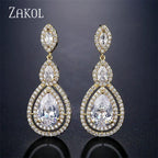 ZAKOL Luxury Water Drop Cubic Zircon Long Dangle Earrings for Women Bridal Wedding Jewelry Dress EP2114