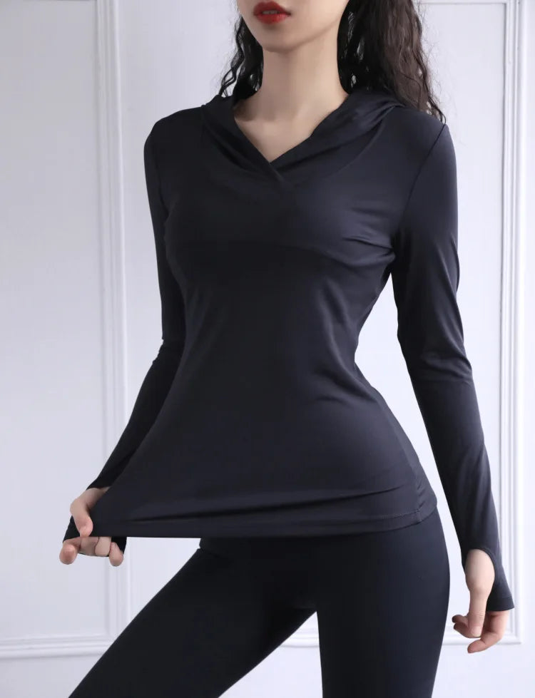 BreatheFit Women's Long Sleeve Yoga Hoodie Top THRIXINE