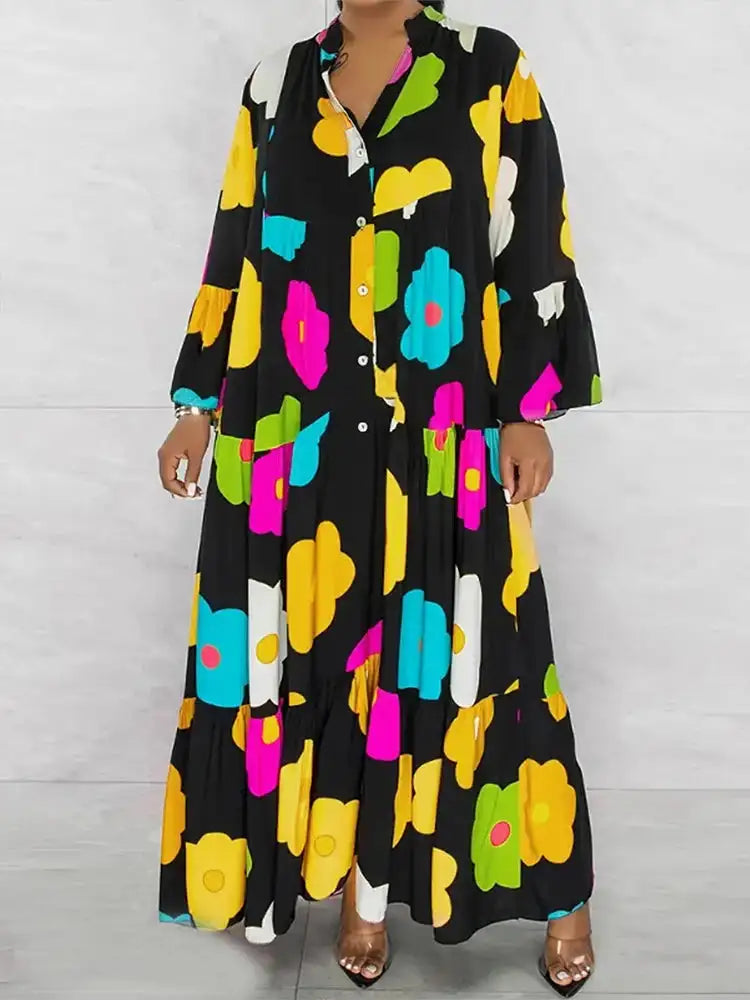 Plus Size New for Summer 2024 Women's Long Sleeve Floral Dress V-Neck Button Long Dress Long Sleeve Button Down Dress