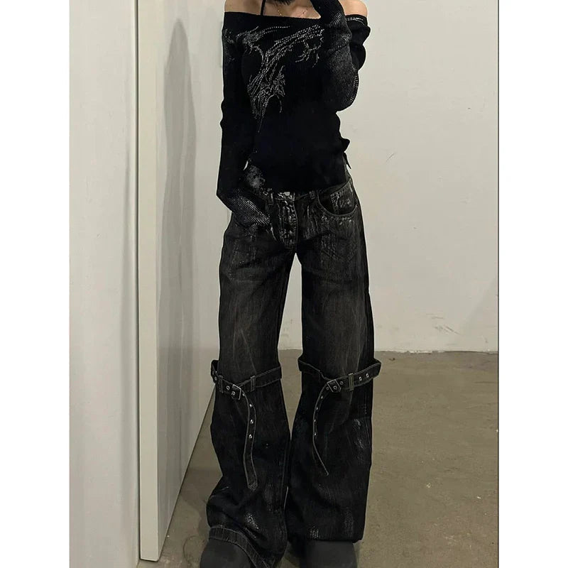 Black Women's Jeans High Waist Hip Hop Straight Fashion Pants Streetwear Harajuku Y2K Star 2024 Female Wide Leg Denim Trouser Lootquake LLC
