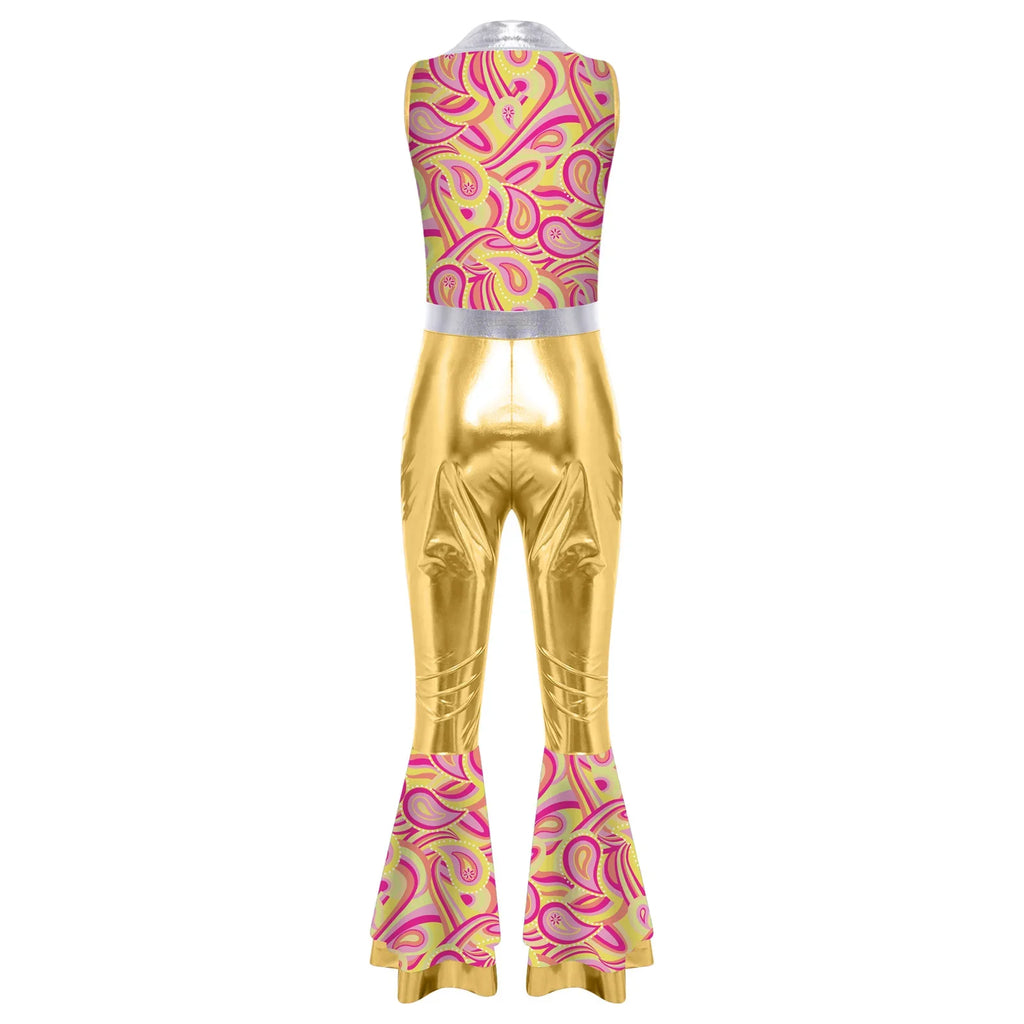Womens Halloween Retro Hippie Cosplay Costume Party Hip-hop Dance Costume Metallic Shiny Vintage Carnival Bodysuit Jumpsuit Lootquake LLC