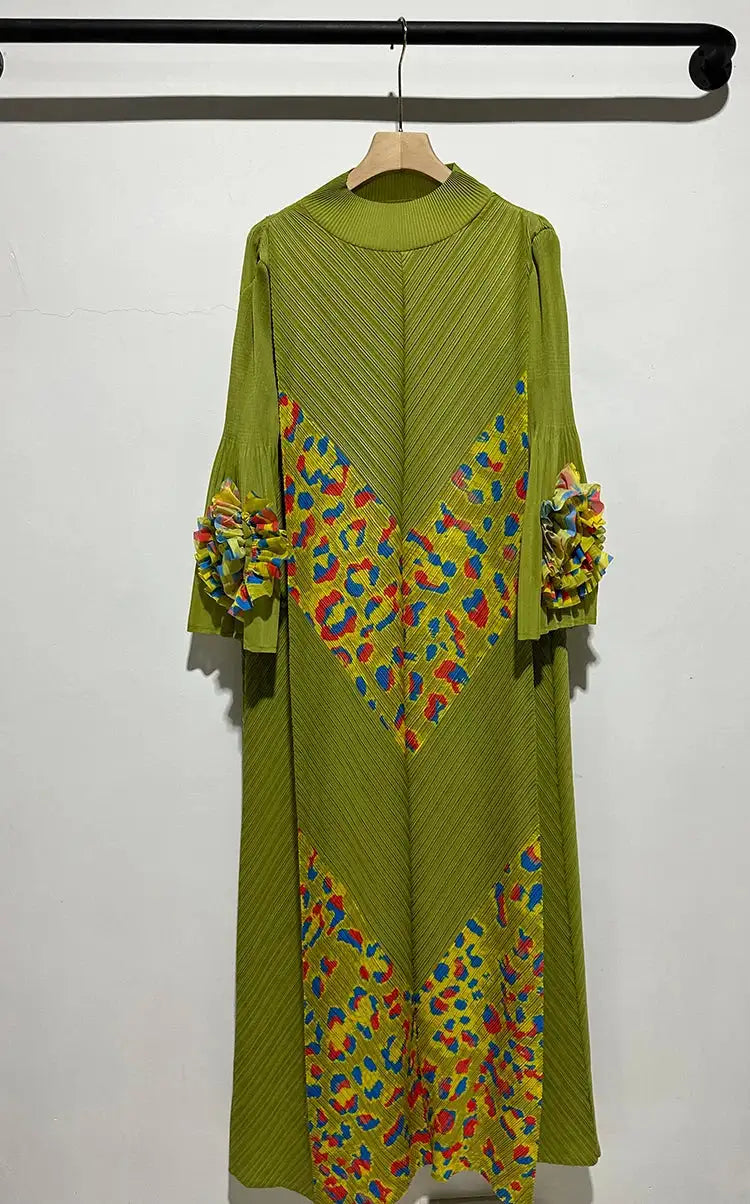 2024 Miyake Fashion Splicing Leopard Print Maxi Dress with Round Neck Hand Shake Flower Horn Sleeves Long Loose Fit Long Dress