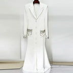 HIGH STREET Newest 2025 Designer Fashion Women's Long Sleeve Notched Collar Rhinestone Diamonds Beading Maxi Long Dress