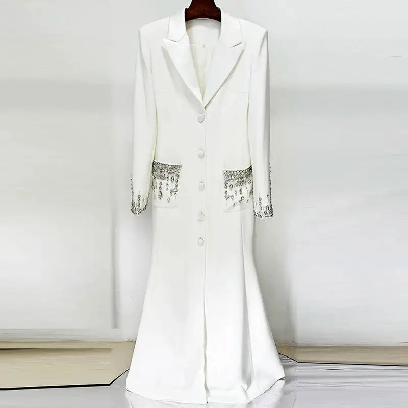 HIGH STREET Newest 2025 Designer Fashion Women's Long Sleeve Notched Collar Rhinestone Diamonds Beading Maxi Long Dress