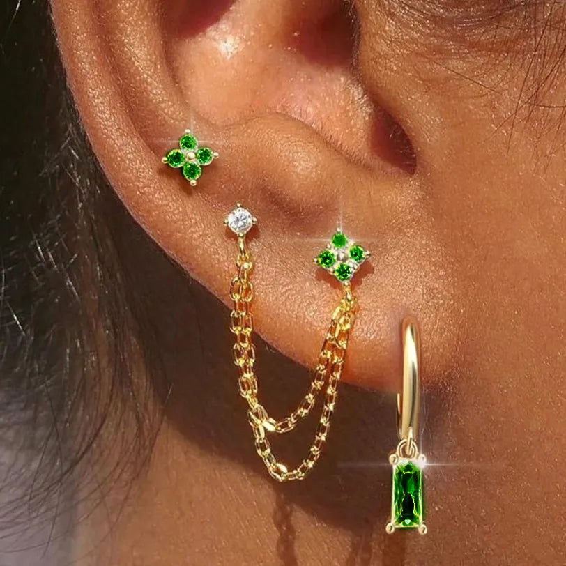 3PCS New Fashion Four Zircon Flower Hoop Earring Set For Women Stainless Steel Double Stud Chain Tassel Huggie Piercing Jewelry Lootquake LLC