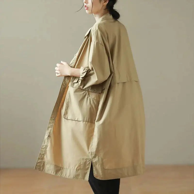 9290 Spring Fall Trench Coat Women Mid Length Windbreaker Single-breasted Double Pockets Casual Loose Overcoat Female Outerwear