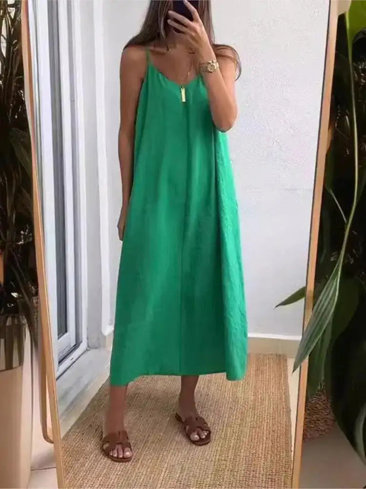 Summer Loose Spaghetti Strap Dresses Women Solid Color V-neck Casual Commuting Sleeveless Long Dress Female Fashion New Vestidos