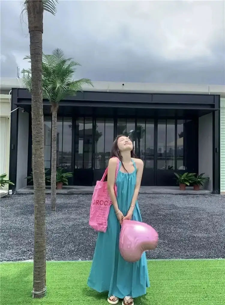 Summer Vacation Dress Thailand Style Open-back Halter Neck Age-reducing Photography Beach Long Dress Belted