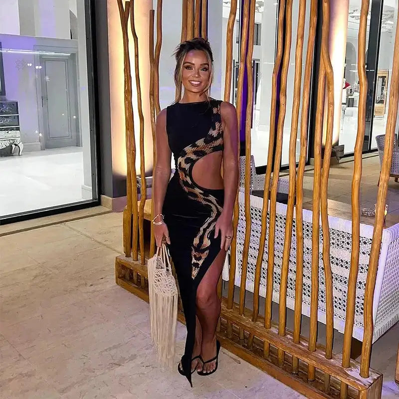 Tossy Python Printed Hollow Out Maxi Dress Female Slim Sexy Side Split Sleeveless Contrast Summer Party Dress Women's Long Dress