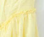 YENKYE Sexy Elegant Women Hollow Out Embroidery Yellow Sling Mini Dress Low Waist Lace Up Bandage Party Dresses Birthday Robe
