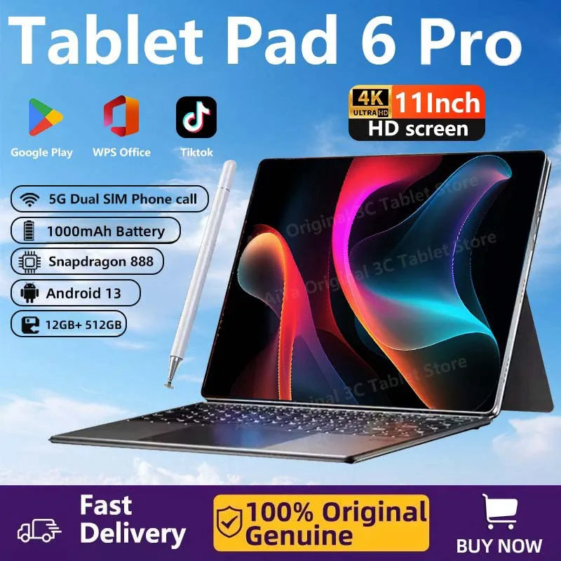 2024 Original HD4K Tablet PC Pad 6 Pro Android 13 12GB+512GB 10000mAh Snapdragon 888 Bluetooth WiFi Tab tablets 10 inch android Lootquake LLC