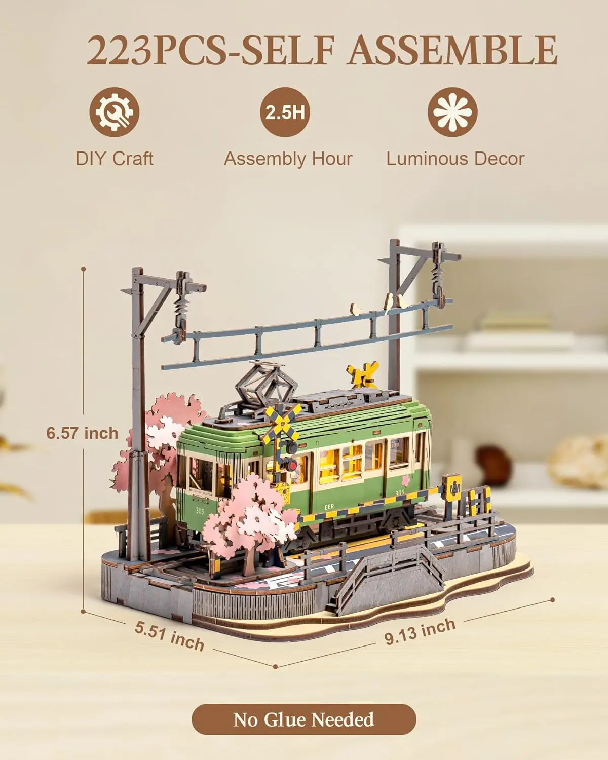 Robotime Sakura Journey Tram 3D Wooden Puzzles with LED Lights Home Decor Gift for Adults Women Girls Lootquake LLC