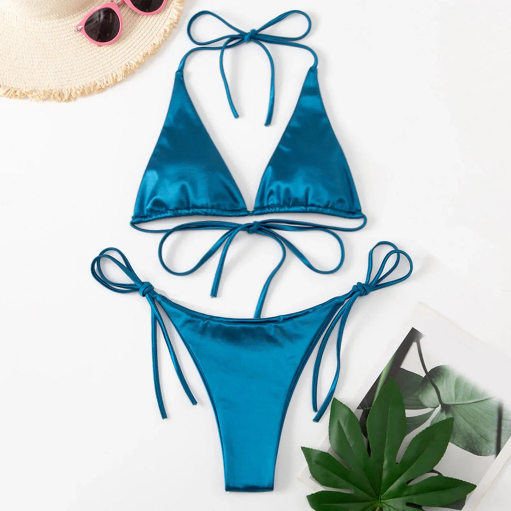ShimmerWave: Luxe Satin Brazilian Bikini Set THRIXINE