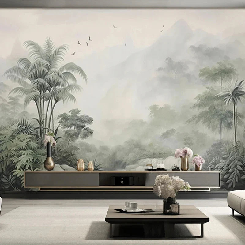 Tropical Green Plants Coconut Trees Distant Mountain Birds 3D Mural Wallpaper Restaurant Clubs KTV Bar Modern Personality Murals Lootquake LLC