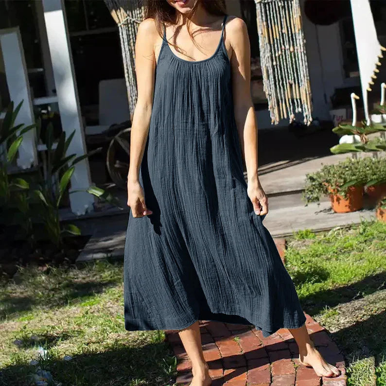 Casual 100% Cotton Summer Women's Long Dress Loose Solid Sleeveless Backless Streetwear Elegant  Female Dress Vestidos Robe Lootquake LLC