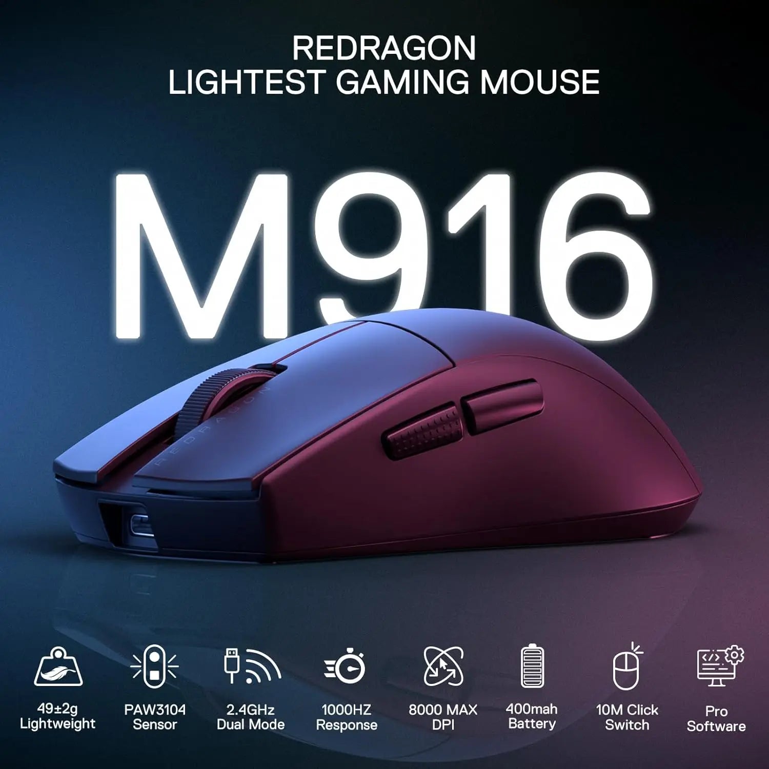 Redragon M916 Wireless Gamer Mouse, 49G Ultra-Light 8K DPI 2.4G Wireless Gaming Mouse w/Ergonomic Natural Grip Build Lootquake LLC