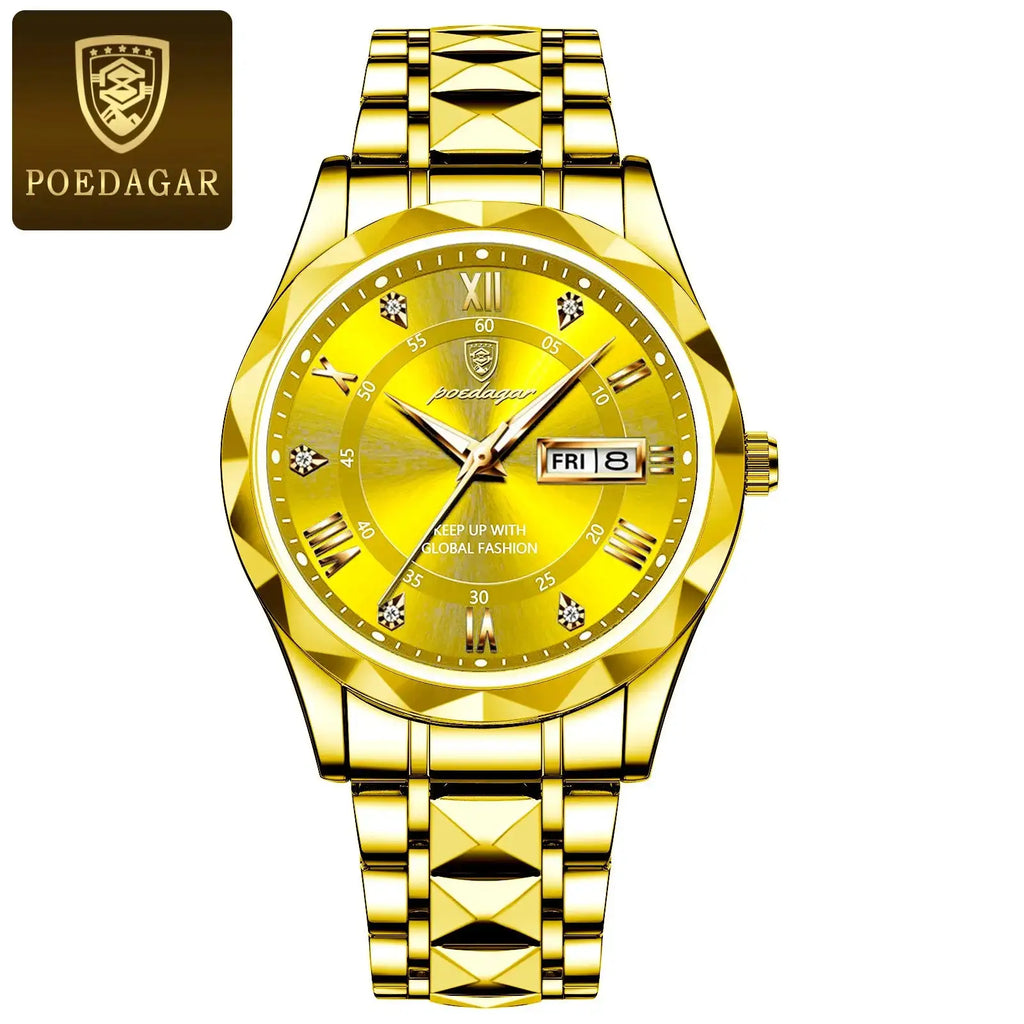 POEDAGAR Business Men's Watch Waterproof Luminous Stainless Steel Date Week Watches For Man Fashion Luxury Quartz Men Wristwatch