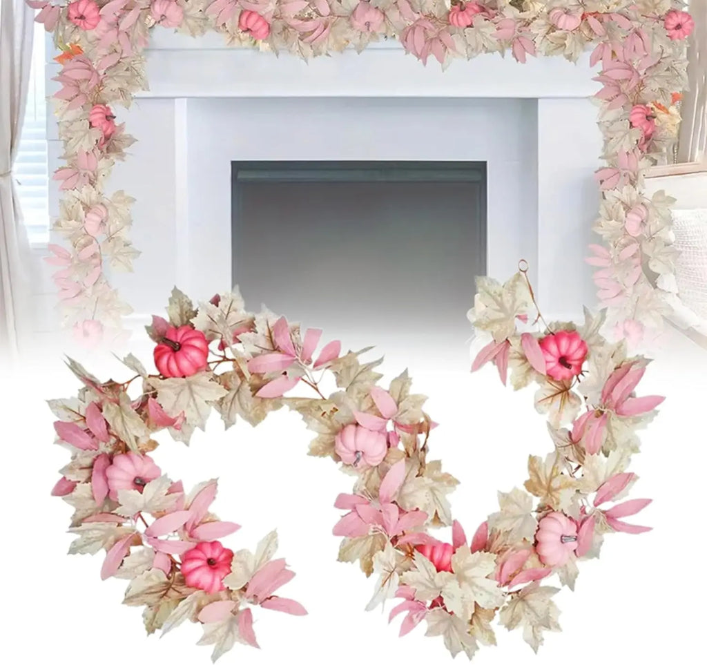 Halloween Thanksgiving Pink Decorations Artificial Fall Maple Leaves Garland Autumn Hanging Pink Pumpkins Flowers Berries Rattan Lootquake LLC