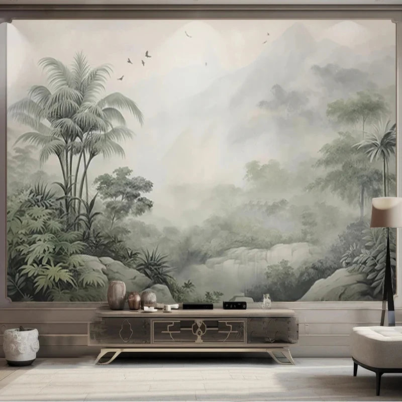 Tropical Green Plants Coconut Trees Distant Mountain Birds 3D Mural Wallpaper Restaurant Clubs KTV Bar Modern Personality Murals Lootquake LLC