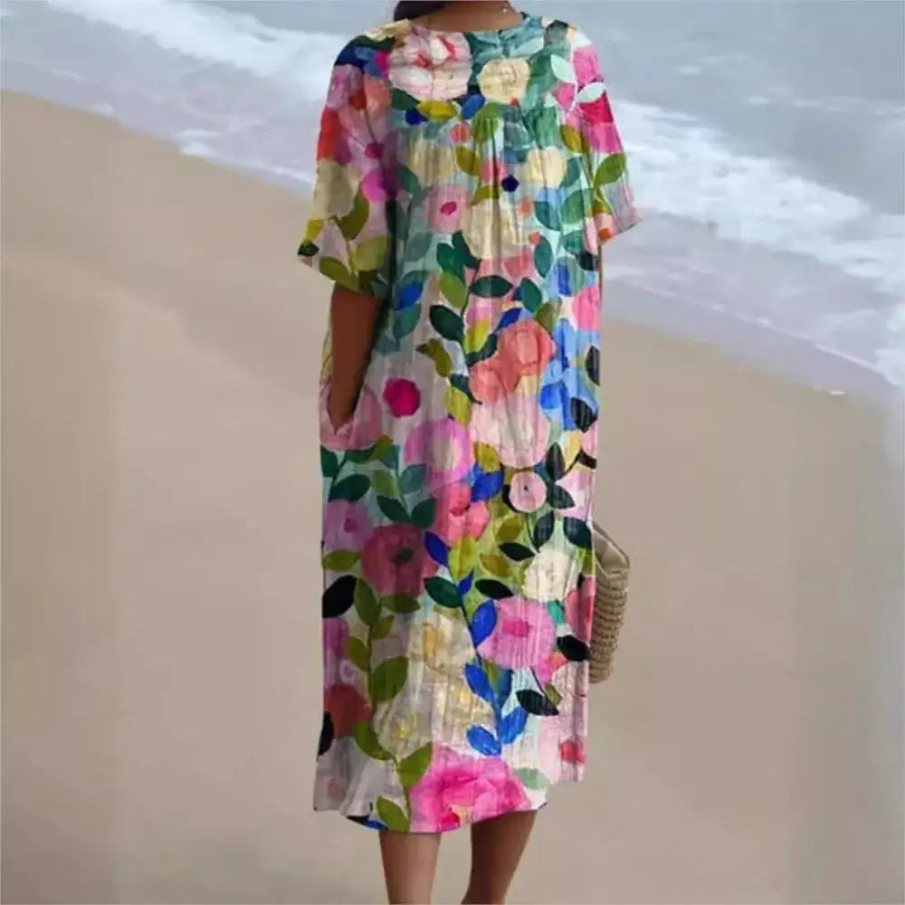 Casual Short Sleeved V-neck Big Swing Dress 2024 New Women's Loose Printed Long Dress Female Retro Flower Print Pullover Dresses