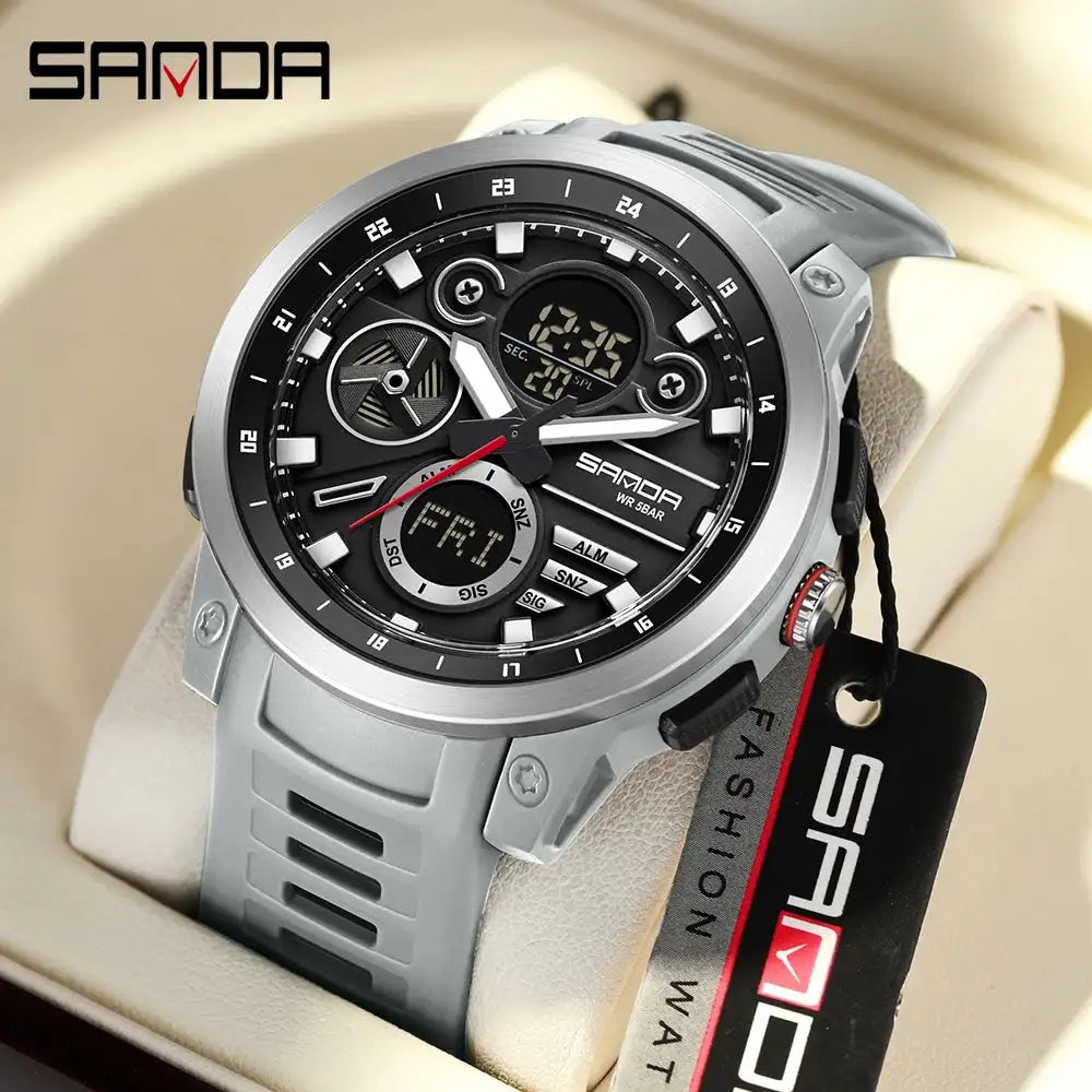 SANDA Sports Men's Electronic Watch Fashion Multi functional Waterproof LED Dual Display Men's Electronic Watch 3379