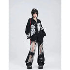 Women's Gothic Black Jeans High Waist Vintage Korean Fashion Y2k Streetwear Ripped Pants Harajuku Casual Wide Leg Denim Trousers