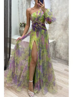 Elegant Oblique Shoulder Single-sleeve  Zipper High Slit Mesh Long Dress For Women Fashion Flower Decoration Party Dress Female