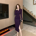 Women Pink Pleated Bodycon Formal Long Dress Autumn Winter Long Sleeve Chic Suit Dress 2025 Korean Fashion Elegant Party Dresses