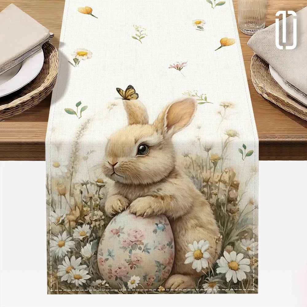 1pc Easter Bunny and Floral Egg Table Runner for Spring Holiday Home Decor, Easter Celebration Tablecloth Gift Idea Lootquake LLC