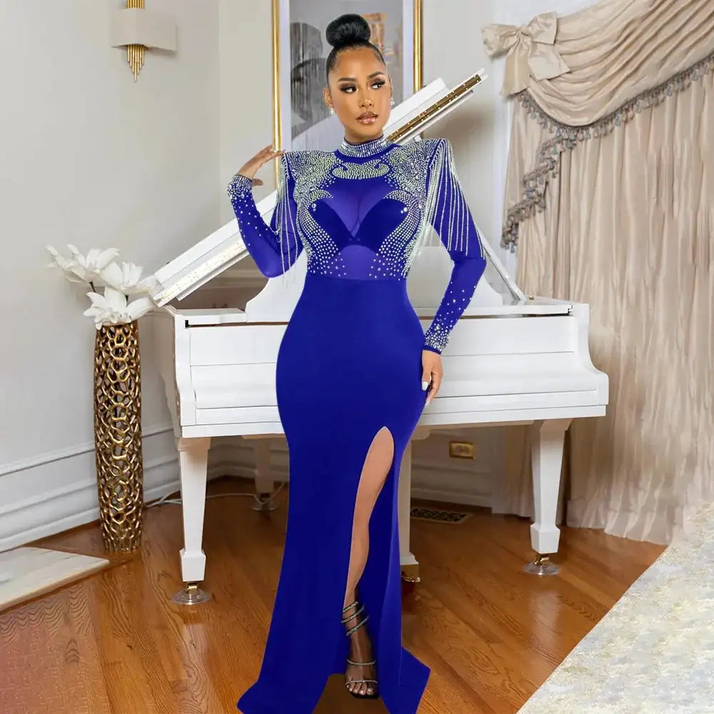 CM.YAYA Women Mesh See Through Long Sleeve Diamonds Hot Rhinestones Mermaid Long Dress Fall Evening Sexy Party Dresses Vestidos