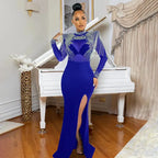 CM.YAYA Women Mesh See Through Long Sleeve Diamonds Hot Rhinestones Mermaid Long Dress Fall Evening Sexy Party Dresses Vestidos