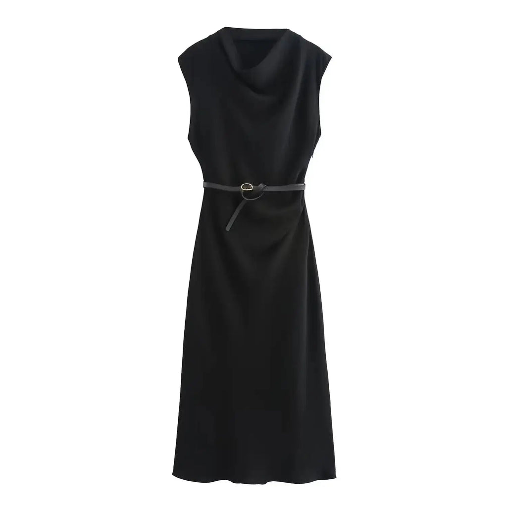 TRAFZA Women's Autumn New Fashion Versatile Belted Midi Slim Long Dress Female Elegant High Street Sleeveless Casual Dress Mujer