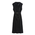 TRAFZA Women's Autumn New Fashion Versatile Belted Midi Slim Long Dress Female Elegant High Street Sleeveless Casual Dress Mujer