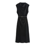 TRAFZA Women's Autumn New Fashion Versatile Belted Midi Slim Long Dress Female Elegant High Street Sleeveless Casual Dress Mujer