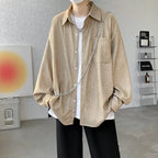Solid Color Turn-Down Collar Long Sleeve Loose Fit Shirt with Pockets - Stylish & Functional Casual Top for Men & Women M-XXXXXL