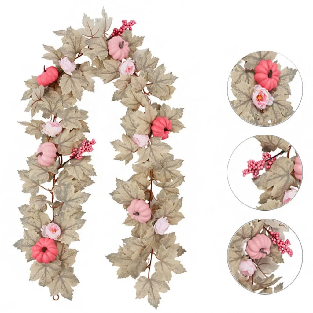 Halloween Thanksgiving Pink Decorations Artificial Fall Maple Leaves Garland Autumn Hanging Pink Pumpkins Flowers Berries Rattan Lootquake LLC