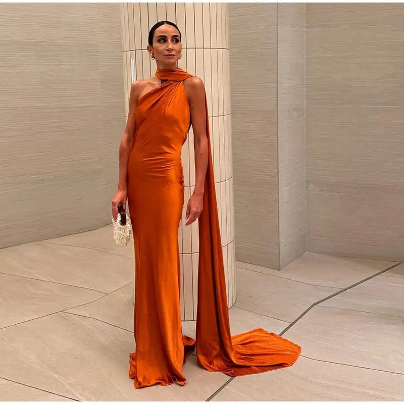 Elegant Satin Halter Slim Long Dress With Scarf Women New Sexy Backless Sleeveless Maxi Dresses Summer Lady Party Chic Vestidos