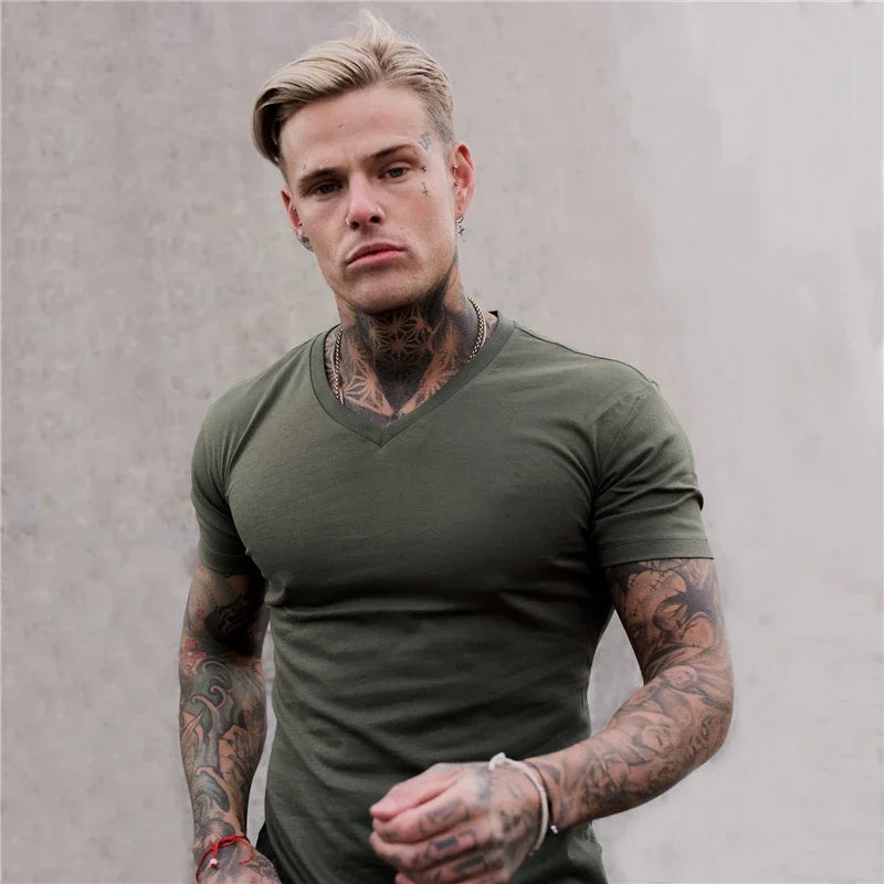 Men Fashion V Neck Short Sleeve Fitness Workout Summer Breathable Cotton - SJB-DIAMOND ELITES